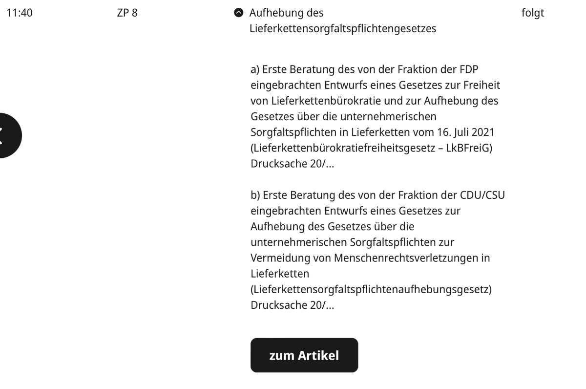 Klaas Hendrik Eller (@klaaseller) on Twitter photo Morgen im <a href="/Bundestag/">Deutscher Bundestag</a> gleich zwei Versuche, das #LkSG aufzuheben.
Dürfte zu einigen Stimmallianzen mit der <a href="/AfD/">AfD</a> führen, wie zuletzt zur #Entwaldungsverordnung auf EU-Ebene.
Gesetz selbst nur in Gefahr, wenn Bürokratierhetorik auch bei <a href="/spdde/">SPD Parteivorstand 🇪🇺</a> verfängt.
<a href="/LieferkettenG/">Initiative Lieferkettengesetz</a> Morgen im <a href="/Bundestag/">Deutscher Bundestag</a> gleich zwei Versuche, das #LkSG aufzuheben.
Dürfte zu einigen Stimmallianzen mit der <a href="/AfD/">AfD</a> führen, wie zuletzt zur #Entwaldungsverordnung auf EU-Ebene.
Gesetz selbst nur in Gefahr, wenn Bürokratierhetorik auch bei <a href="/spdde/">SPD Parteivorstand 🇪🇺</a> verfängt.
<a href="/LieferkettenG/">Initiative Lieferkettengesetz</a>
