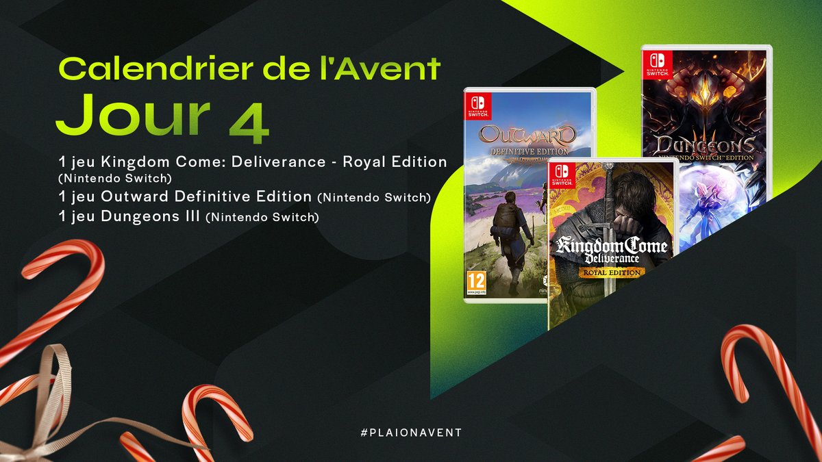 PLAION_FR's tweet image. 🎁 #PLAIONAvent - Jour 4 🎁

Partez à l’aventure pour ce quatrième jour de notre calendrier de l’Avent avec #KCD, #Outward et #Dungeons 3 !

Pour remporter les jeux :
✅ Follow @PLAION_FR
🔁 RT ce post

1 gagnant
TAS le 16/12