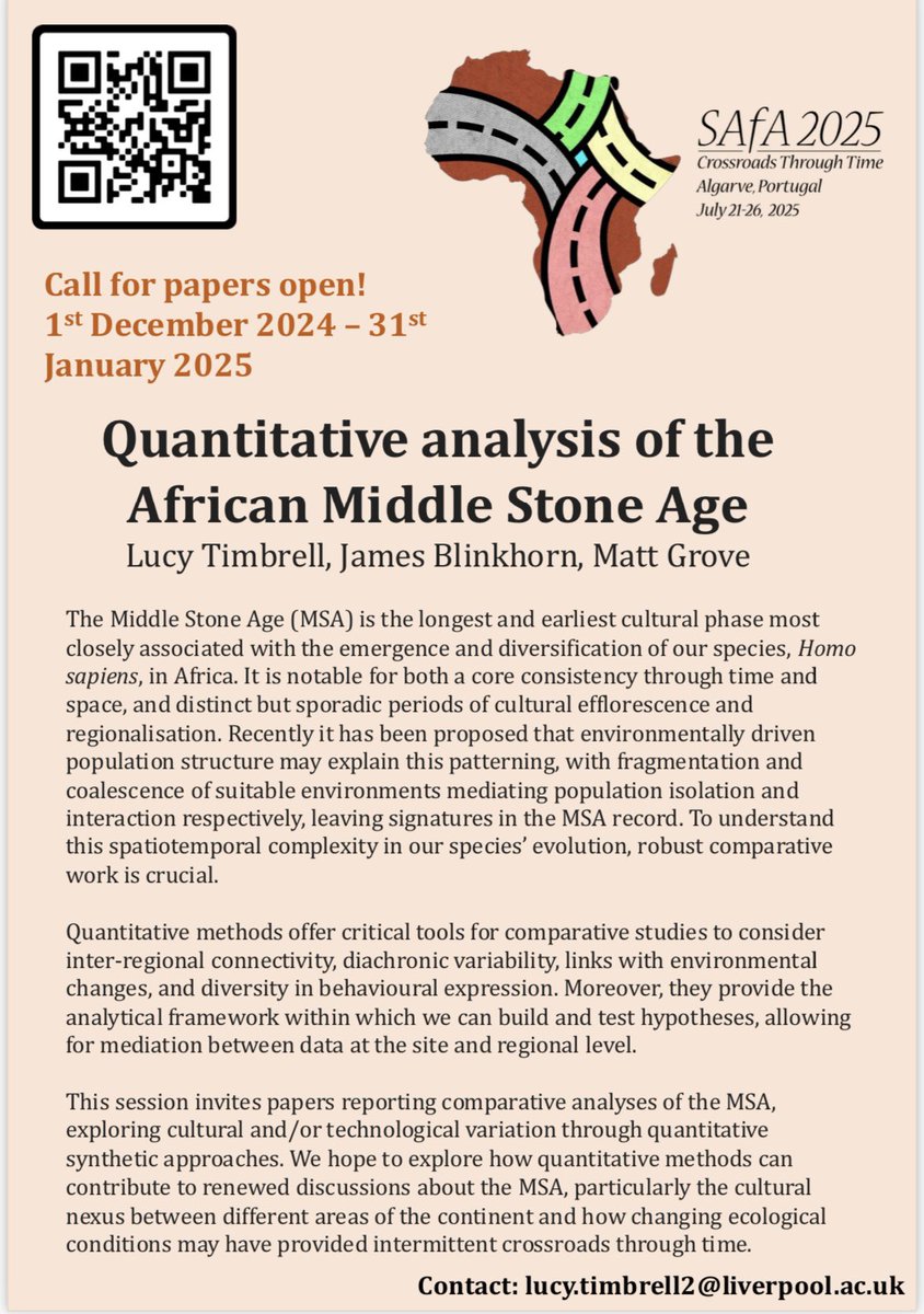 Dr Lucy Timbrell (@lucytimbrell96) on Twitter photo Call for papers for <a href="/SAfAarchaeology/">Society of Africanist Archaeologists (SAfA)</a> at <a href="/ICArEHB/">ICArEHB</a> 21-26th July 2025 is now open!
We are accepting abstracts for our session: “Quantitative analysis of the African Middle Stone Age”
Information about submission can be found here: safa2025.icarehb.com/poster-and-ora… Call for papers for <a href="/SAfAarchaeology/">Society of Africanist Archaeologists (SAfA)</a> at <a href="/ICArEHB/">ICArEHB</a> 21-26th July 2025 is now open!
We are accepting abstracts for our session: “Quantitative analysis of the African Middle Stone Age”
Information about submission can be found here: safa2025.icarehb.com/poster-and-ora…