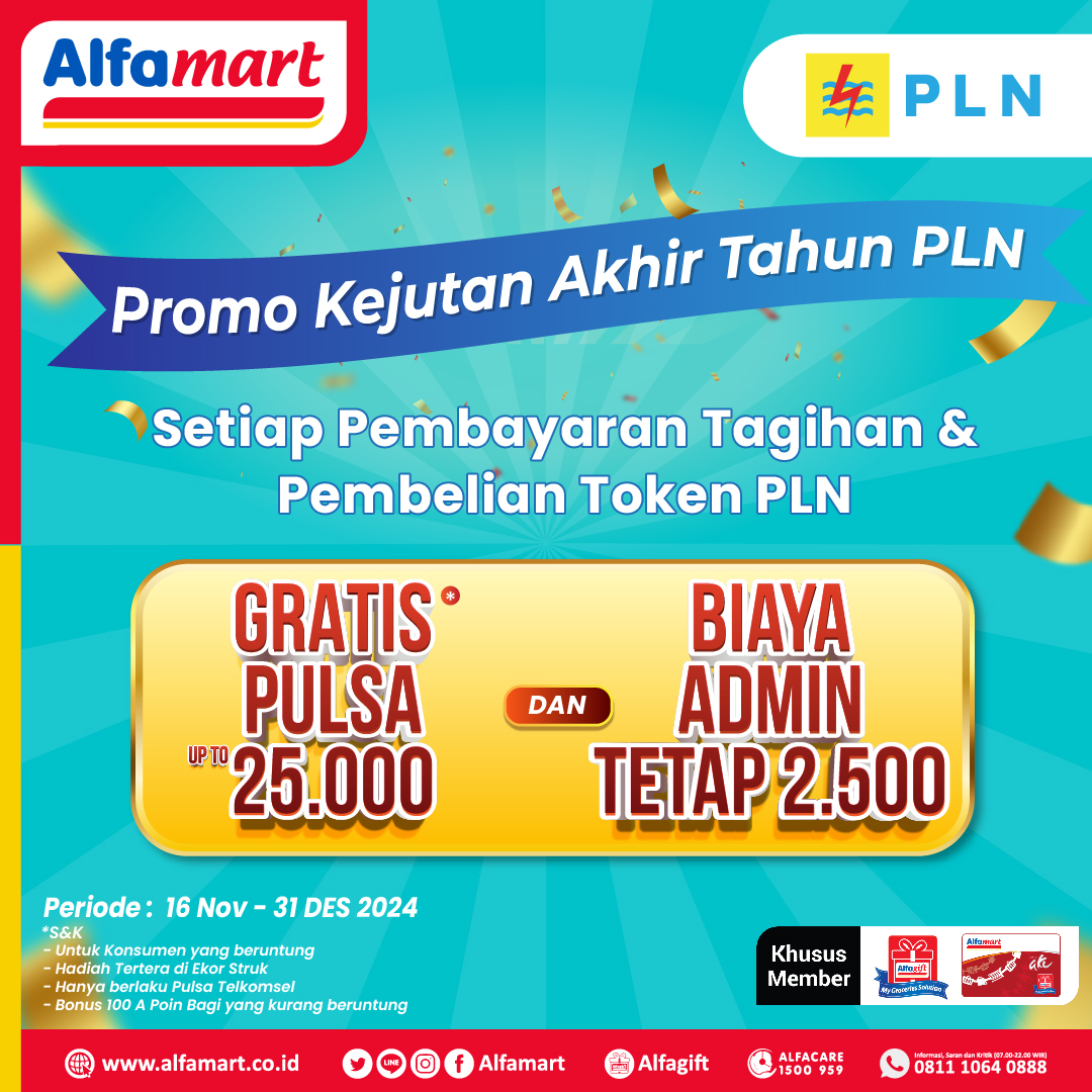 alfamart's tweet image. ✨ Kejutan Akhir Tahun PLN ada di Alfamart 😁

Setiap pembayaran tagihan dan pembelian token PLN di Alfamart bisa dapat gratis pulsa hingga 25.000 dan biaya admin tetap 2.500.

*Promo Khusus Member
**S&amp;amp;K berlaku

Periode : 16 Nov - 31 Des 2024
#Alfamart #PromoMember #PromoPLN