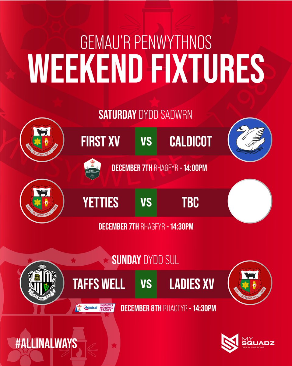 This Weekends Fixtures:

SATURDAY 7th

First XV vs <a href="/CaldicotRFC/">Caldicot Rugby</a> - 2.00pm KO
Last 16 of Division 2 National Cup

Yetties vs TBC

SUNDAY 8th

<a href="/TaffsWellRFC/">Taffs Well RFC</a> vs Ladies XV - 2.30pm
Women’s National League

#allinalways #bwlrugby 🐂