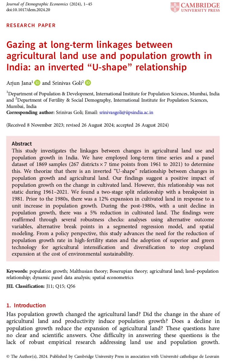 In this new piece, we theorize that there is an inverted “U-shape” relationship between changes in population growth and agricultural land. I hope you will enjoy this narration of the long-term relationship between population growth and agricultural land mediated by agricultural