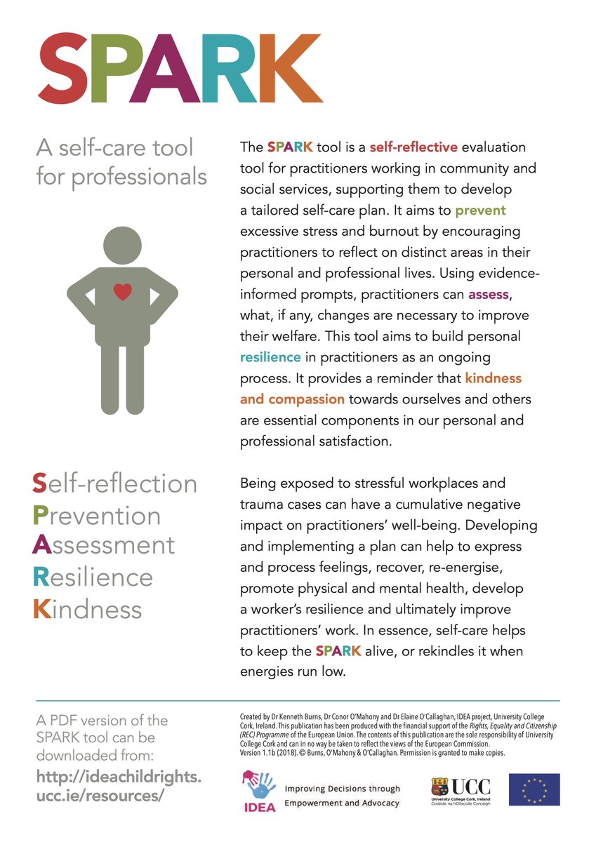 uccsocialwork's tweet photo. Need to focus on your self-care coming up to 🎄? Evidence-informed SPARK self-care tool for professionals. Developed by @UCCsocialwork &amp; @LawUCC 🔗 https://t.co/r3IWTWg3Fm

@ConorUCCLaw @IASW_IRL @WeHSCPs @BrophyGer @tusla @probation_irl @amandac62359371 @TheWheel @KateDuggan8 https://t.co/kzmAMXuavM