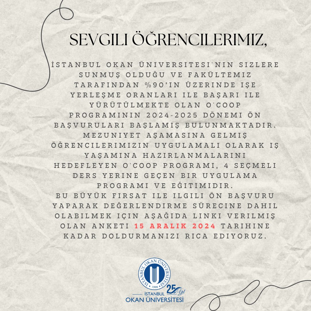 IR_Okan's tweet photo. Sevgili Öğrencilerimiz,
İstanbul Okan Üniversitesi'nin sizlere sunmuş olduğu ve fakültemiz tarafından %90’ın üzerinde işe yerleşme oranları ile başarı ile yürütülmekte olan O'COOP programının ön başvuruları başlamış bulunmaktadır. Başvuru için: https://t.co/OoktngBk8F https://t.co/74b3IrVQEp