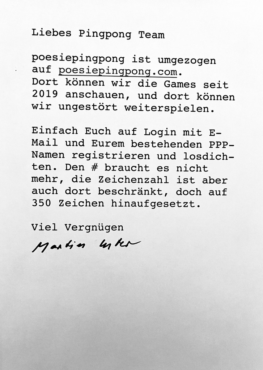 Jetzt sagt das Poesiepingpong
Zu Musk und Trump: „So long!“ 
.
Es ist jetzt endlich umgezogen. 
Kommt bitte alle mit, geschwind.
Dorthin wo alle unverlogen
Und freundlich zueinander sind. 

poesiepingpong.com
Gebrauchsanweisung:
vimeo.com/1035881988?sha…