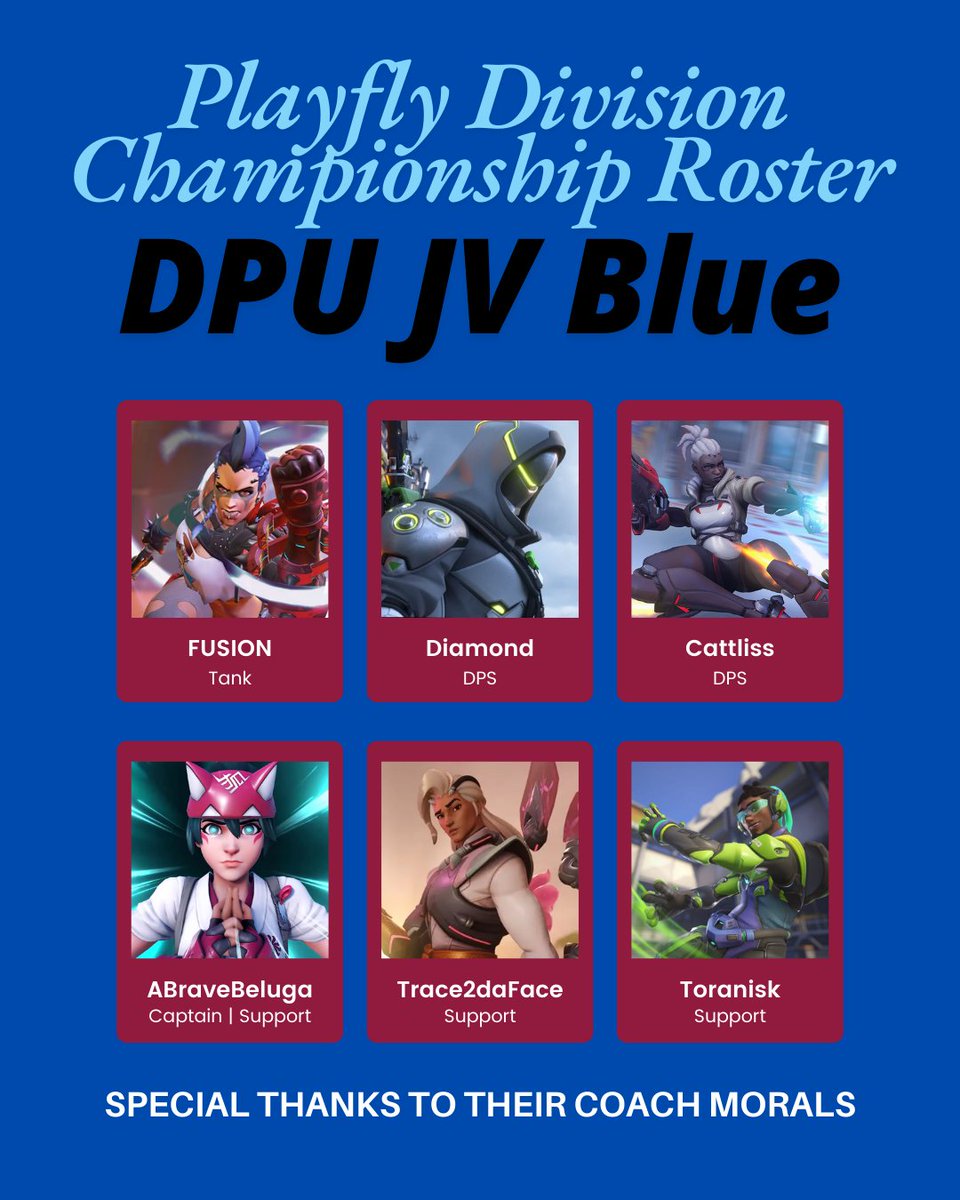 Introducing our JV Blue PlayFly Finalist Roster
 ☆ Captain: Beluga | Support
 ★ Fusion | Tank
 ★ Diamond | DPS
 ★ Cattliss | DPS
 ★ Trace2DaFace | Support
 ★ Toranisk | Support
 ★ Morals | Coach