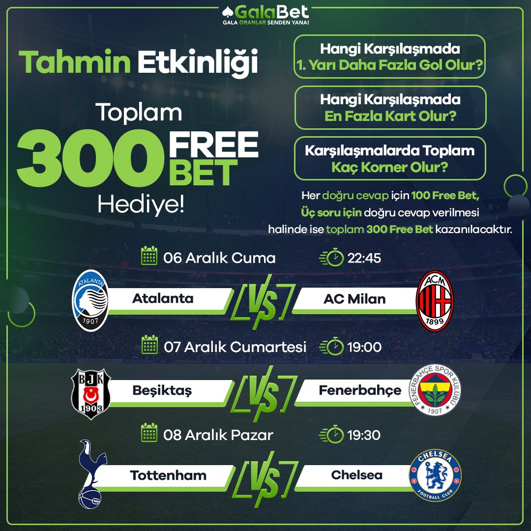 ResmiGala's tweet photo. 🎆 300 Free Bet Ödüllü Süper Lig Tahmin Etkinliği!

🟢Hangi karşılaşmada 1. Yarı Daha Fazla Gol Olur? 
🟢Hangi karşılaşmada en fazla kart olur? 
🟢Karşılaşmalarda toplam kaç korner olur? 

⚡️ Katılmak İçin Tıklayın! https://t.co/P6p7btPn7X https://t.co/zeAvBzHUYj