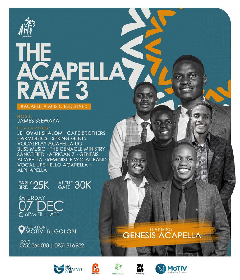 Hellenistic16's tweet photo. Good afternoon.... The Acapella Rave is almost here and will be featuring the best Acapella groups from all  around Uganda... Dm @accacomm16 to get your ticket at 30k only and let's meet at Motiv bugolobi on the 7th https://t.co/r0k7r3Lona