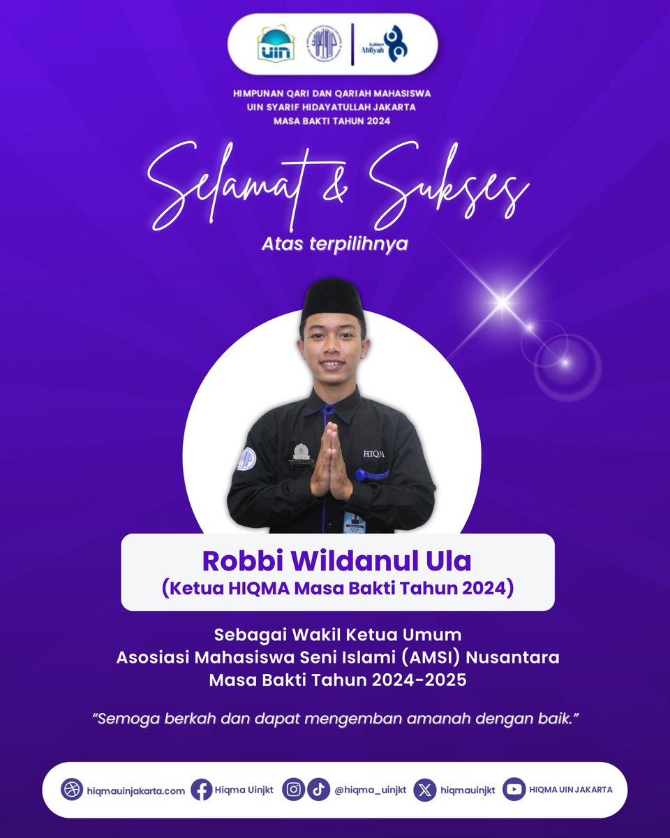 hiqmauinjkt's tweet image. 💙SELAMAT &amp;amp; SUKSES💙

Atas terpilihnya

Robbi Wildanul Ula
(Ketua HIQMA Masa Bakti Tahun 2024)

Sebagai Wakil Ketua Umum Asosiasi Mahasiswa Seni Islami (AMSI) Nusantara 

Masa Bakti Tahun 2024-2025

#HIQMAUINJAKARTA
#KabinetAhliyah
#DamaiBersamaAlQuran
#AMSINusantara