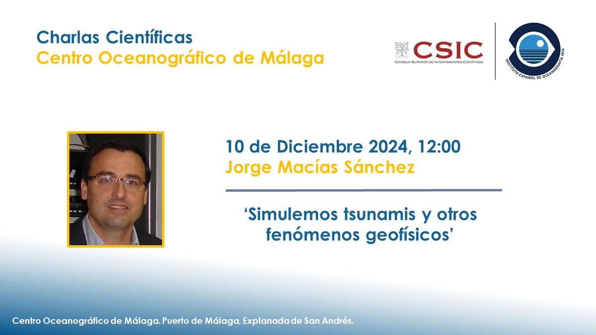 Grupo Mediterráneo de Cambio Climático del IEO (@gcc_ieo) on Twitter photo El próximo martes 10 de diciembre a las 12:00, interesantísima conferencia en el <a href="/IEO_Malaga/">IEO Málaga 🌊⛴️🐟🌡️🔬</a> a cargo del profesor de la <a href="/UMACiencias/">Facultad de Ciencias UMA</a> Jorge Macías. Entrada libre hasta completar el aforo. La conferencia podrá seguirse también online a través del enlace:
conectaha.csic.es/b/man-yhx-lwv-… El próximo martes 10 de diciembre a las 12:00, interesantísima conferencia en el <a href="/IEO_Malaga/">IEO Málaga 🌊⛴️🐟🌡️🔬</a> a cargo del profesor de la <a href="/UMACiencias/">Facultad de Ciencias UMA</a> Jorge Macías. Entrada libre hasta completar el aforo. La conferencia podrá seguirse también online a través del enlace:
conectaha.csic.es/b/man-yhx-lwv-…