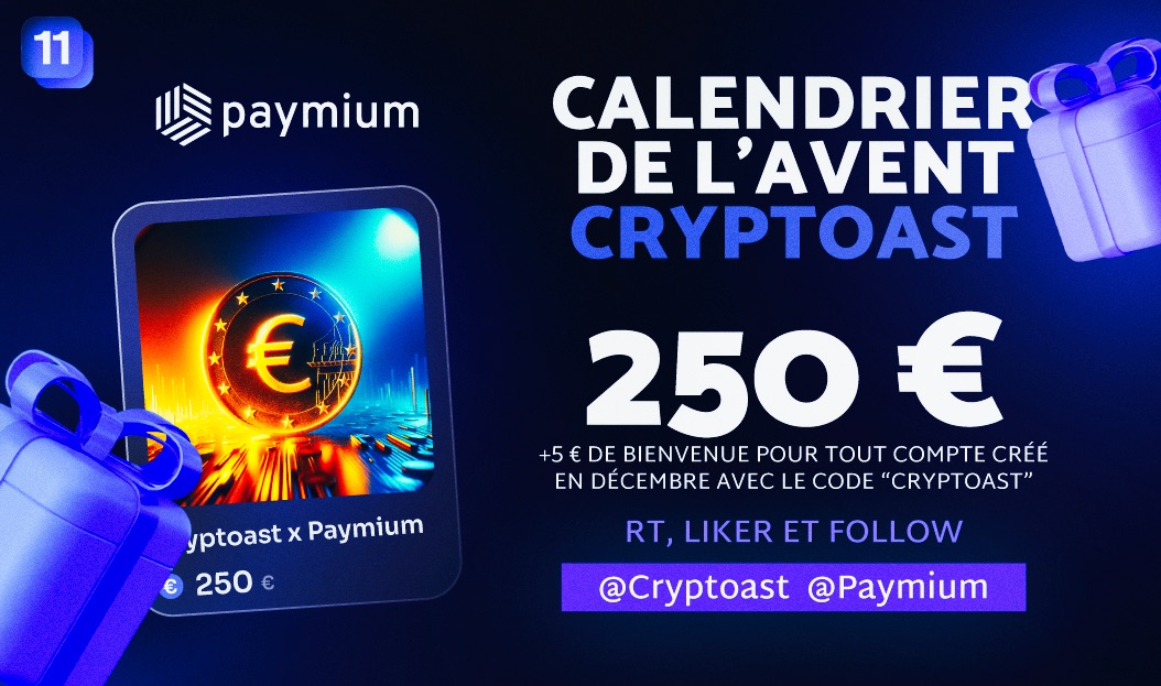 CryptoastMedia's tweet image. 🎁 Calendrier de l'Avent Cryptoast 🎁

Jour 11 :

- 250€ + 5€ de bienvenue pour tout compte créé en décembre avec le code “Cryptoast”.

Pour participer :

- Follow @paymium  &amp;amp; @CryptoastMedia 
- Like &amp;amp; RT ce post 💞

TAS : 12 décembre 🎅
Bonne chance à tous 🍀