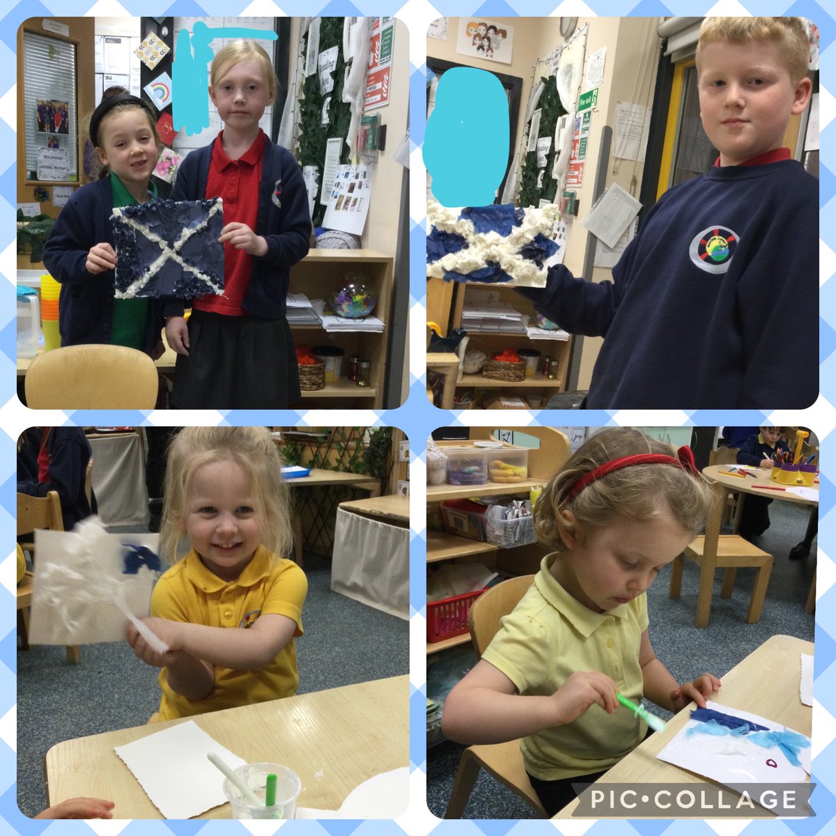 Craft Table: on our journey through the history of Scotland the children made Scottish flags, thistles, and designed their very own kilt.