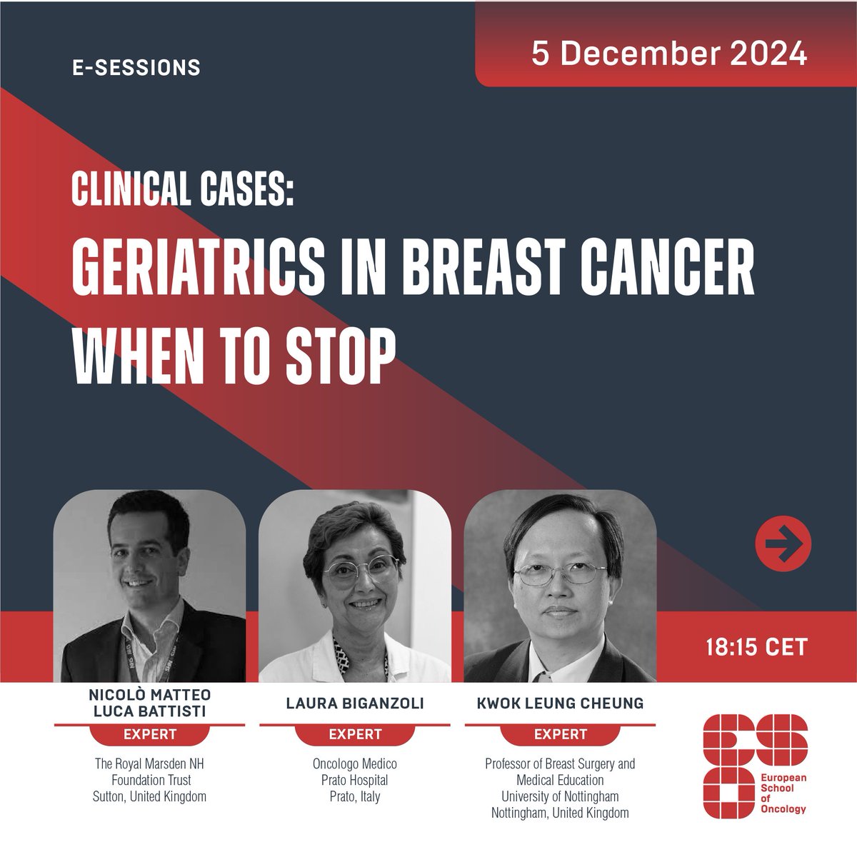 ESOncology's tweet photo. Today at 18:15 CET! Don't miss our live e-Session "Clinical Cases: Geriatrics in Breast Cancer – when to stop". Join and ask the experts 👉 https://t.co/G8OePNzQjg

#eESO #breastcancer #geriatriconcology #5December https://t.co/t4zBZWK4Qm