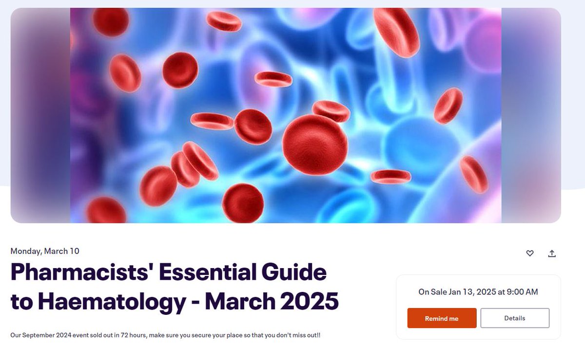 SAVE THE DATE 
Pharmacists’ Essential Guide to Haematology – March 2025 (UCLH Cancer Academy) 
Registration opens on 13/1/2025
For more info click the link
bopa.org.uk/pharmacists-es…
<a href="/Anish_m_tailor/">Anish</a> <a href="/raakhee_shah/">Raakhee Shah</a>