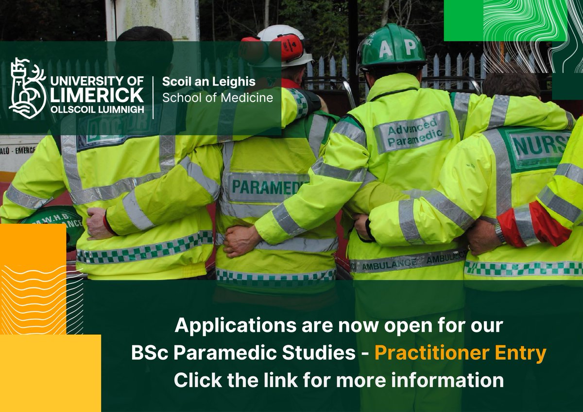 Applications for our BSc Paramedic Studies Practitioner Entry Programme are now open! Click the following link for more information: ul.ie/courses/bachel…
If you would be interested in joining an online virtual information session, please email Paramedicstudies@ul.ie