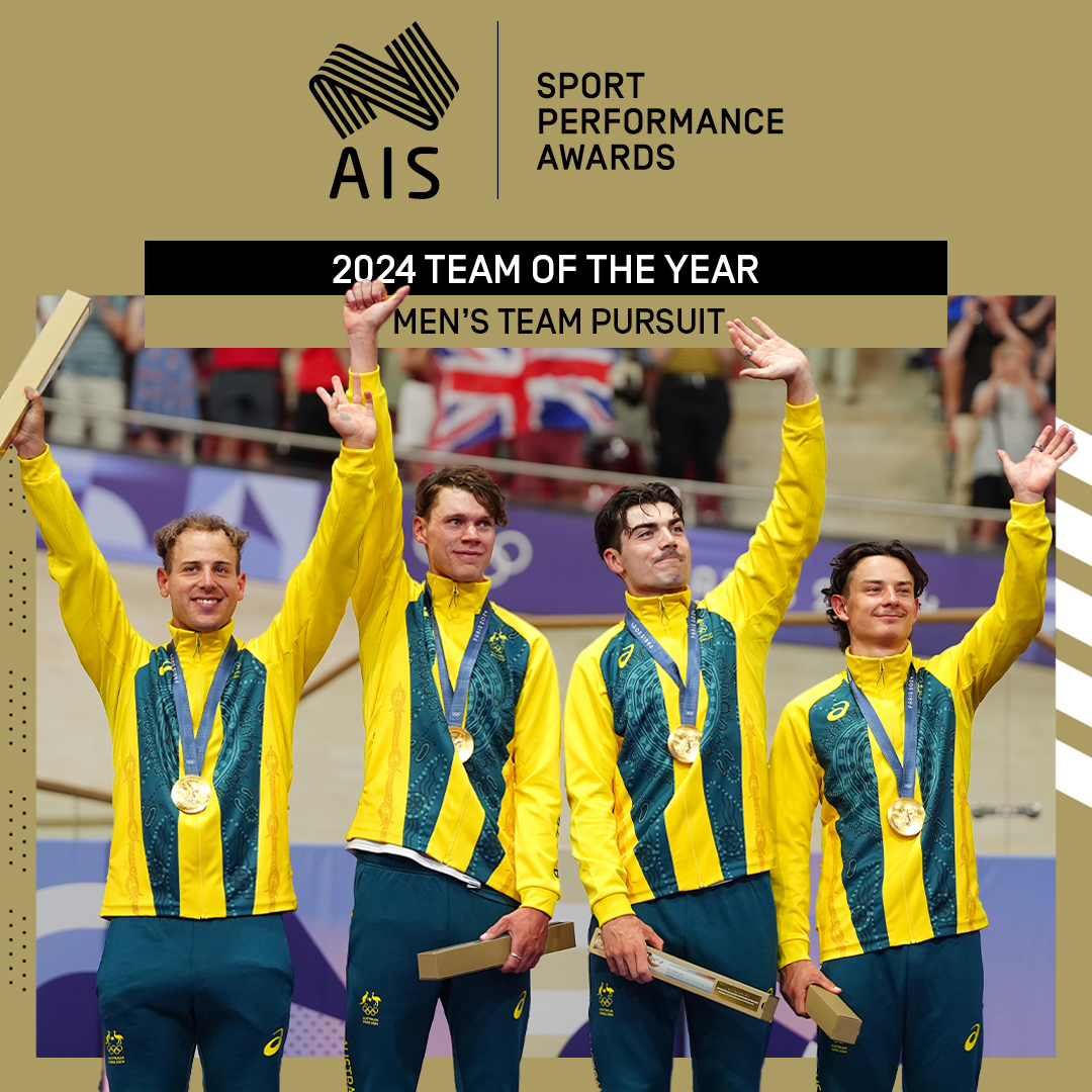 #ASPAs 2024 Team Of The Year 🏆

Cycling - Men’s Team Pursuit

Conor Leahy, Sam Welsford, Oliver Bleddyn, Kelland O'Brien 

A world record and Olympic gold in Paris. 

Presented by Alphafit.

@auscycling - @auscyclingteam
