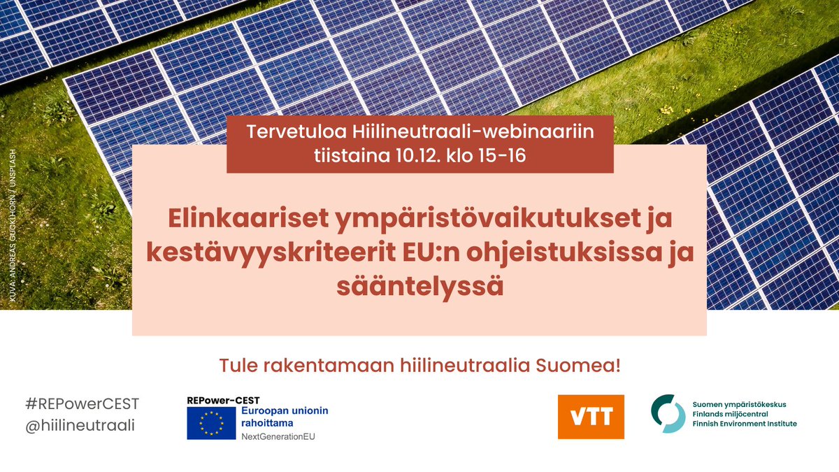 Miten elinkaariset ympäristövaikutukset ja kestävyyskriteerit EU:n ohjeistuksissa ja sääntelyssä vaikuttavat energiamurroksessa?

Tervetuloa kuulemaan aiheesta Hiilineutraali-webinaariin ti 10.12. klo 15: hiilineutraalisuomi.fi/fi-FI/Ajankoht…
<a href="/VTTFinland/">VTT</a> #REPowerCEST #NextGenerationEU