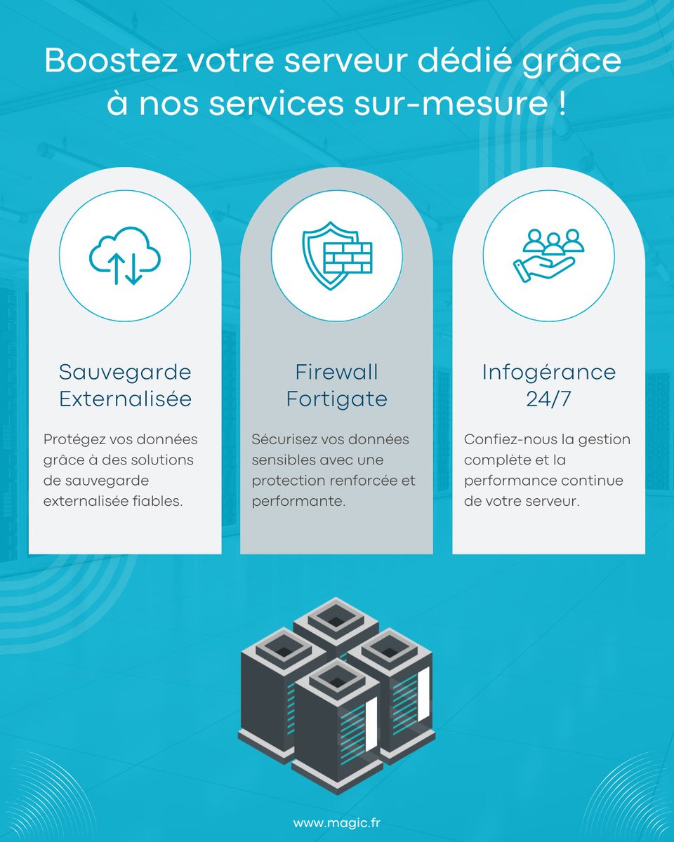 ✨ Optimisez votre serveur dédié avec nos services : sauvegarde externalisée, firewall Fortigate, et infogérance 24/7. 🗄️🚀

Faites le choix de la fiabilité et de la sécurité avec Magic Online. 🌐 

🔗 En savoir plus magic.fr/hebergement-cl… 

#MagicOnline #ServeurDédié #France
