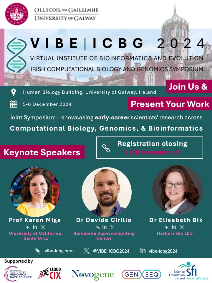 VIBE/ICBG Conference 2024 (@vibe_icbg2024) on Twitter photo 🎉 VIBE/ICBG 2024 kicks off TOMORROW in Galway!
Check out our full schedule here 👉 vibe-icbg.com/Event_Schedule…
#VIBE2024 #ICBG2024 <a href="/GenomicsCRT/">Genomics Data Science - SFI CRT</a> 🎉 VIBE/ICBG 2024 kicks off TOMORROW in Galway!
Check out our full schedule here 👉 vibe-icbg.com/Event_Schedule…
#VIBE2024 #ICBG2024 <a href="/GenomicsCRT/">Genomics Data Science - SFI CRT</a>