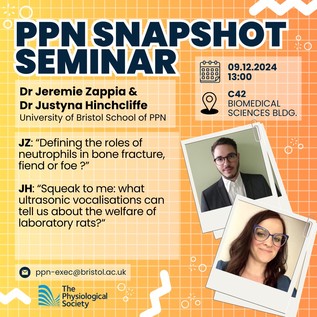 ⚠️ Join us Monday 9th Dec at 1PM in C42 of BSB for Dr Jeremie Zappia and Dr Justyna Hinchcliffe's (<a href="/Dr_Hinch/">Justyna Hinchcliffe</a>) Snapshot Seminars  

Info: <a href="/UoBPPN/">University of Bristol School of PPN</a> <a href="/RobinCorey1/">Robin Corey @robincorey.bsky.social</a>
PPN Snapshot seminars are generously sponsored by The Physiological Society (<a href="/ThePhySoc/">The Physiological Society</a>)    

#UoBPPN #PPNSnaps #ThePhySoc