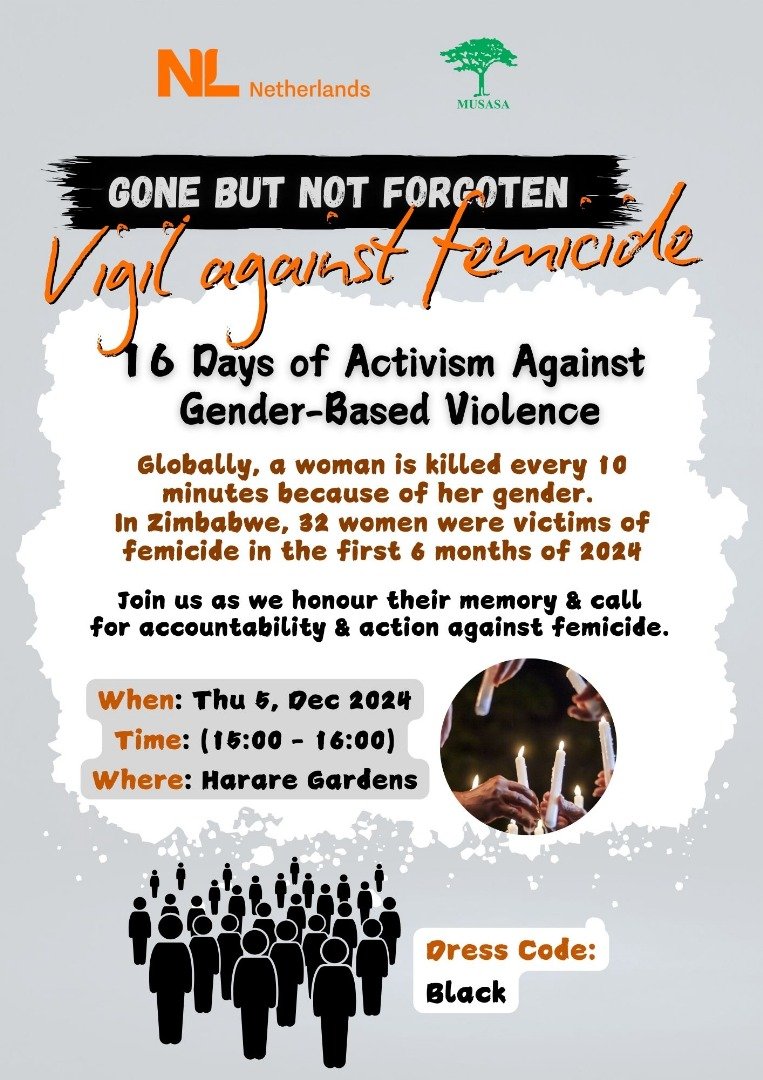 🟠Join tomorrow's #16Days vigil as we remember the girls and women who died due to gender-based violence. 

We will unite to honour their memory and call for action to end #femicide, together.✊

📍Theatre in the Park, Harare Gardens
🗓️3pm-4pm, Thursday 5 December
◼️Wear black