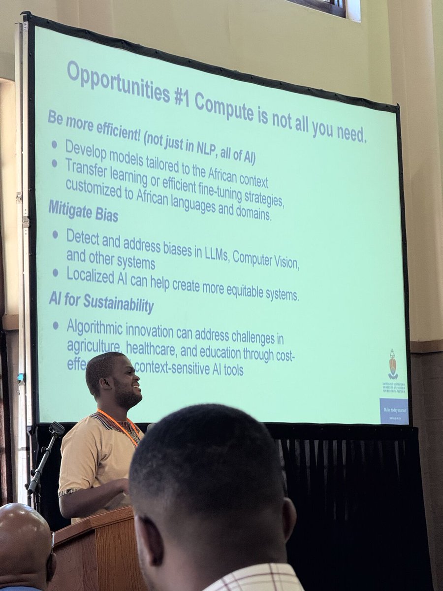 Was privileged this morning to give a Keynote at the Southern African Conference on Artificial Intelligence Research <a href="/UFSweb/">UFS</a>. Spoke on AI futures in Africa: opportunities in algorithmic innovation, equitable data ecosystems, &amp; compute access for all. Let's shape the future!