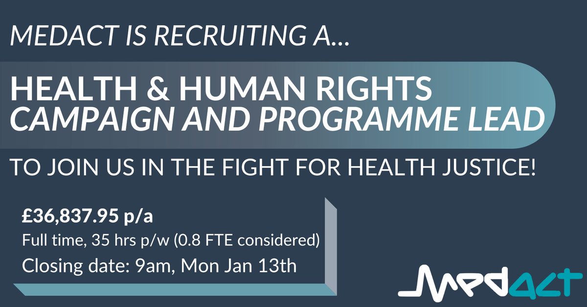 Medact (@medact) on Twitter photo We're recruiting! Medact is looking for our next Health & Human Rights campaign lead, a key position that leads on #PatientsNotPassports alongside our partners at <a href="/migrantsorg/">Migrants Organise</a>.
Full info here: link.medact.org/HHRVacancy We're recruiting! Medact is looking for our next Health & Human Rights campaign lead, a key position that leads on #PatientsNotPassports alongside our partners at <a href="/migrantsorg/">Migrants Organise</a>.
Full info here: link.medact.org/HHRVacancy