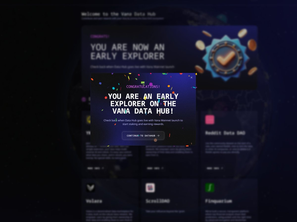 I am now an early explorer of @withVana Data Hub, exciting times ahead! 

🔗 datahub.vana.org/preregister 

If you haven't started the Vana missions yet, you can sign up for them via the 'mission boards' channel on Discord. Don't be late! 🍻

🔗 discord.com/invite/withvana