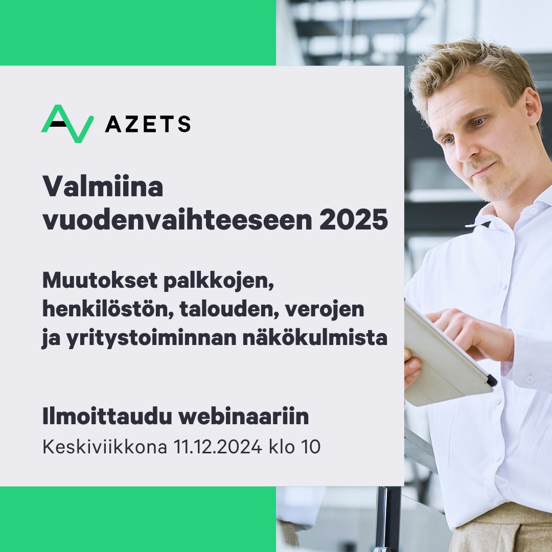 ⚖️Webinaarissamme 11.12.2024 asiantuntijamme tarjoavat kattavan katsauksen vuodenvaihteen 2025 palkka-, henkilöstöhallinto-, talous-, vero- ja yritystoiminnan muutoksiin.  Ilmoittaudu mukaan »
bit.ly/3AHliOn

#taloushallinto #palkanlaskenta #verotus #hr #webinaari