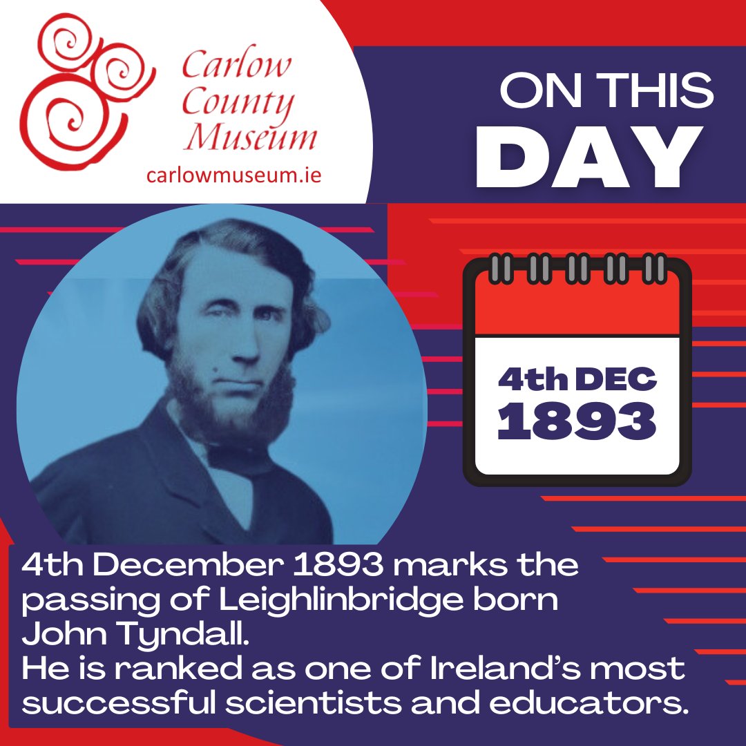 Carlow County Museum (@carlowcountymus) on Twitter photo 4th December 1893 marks the passing of John Tyndall, a prolific 19th Century scientist and Carlow man.
He was the first person to discover the greenhouse effect, and to explain why the sky is blue!
(1/2)
<a href="/TyndallInstitut/">Tyndall Institute</a> <a href="/tyndall_college/">Tyndall College Carlow</a> <a href="/CarlowHist/">Carlow Historical</a> <a href="/Carlow_Co_Co/">CarlowCountyCouncil</a> <a href="/NMIreland/">National Museum of Ireland</a> 4th December 1893 marks the passing of John Tyndall, a prolific 19th Century scientist and Carlow man.
He was the first person to discover the greenhouse effect, and to explain why the sky is blue!
(1/2)
<a href="/TyndallInstitut/">Tyndall Institute</a> <a href="/tyndall_college/">Tyndall College Carlow</a> <a href="/CarlowHist/">Carlow Historical</a> <a href="/Carlow_Co_Co/">CarlowCountyCouncil</a> <a href="/NMIreland/">National Museum of Ireland</a>