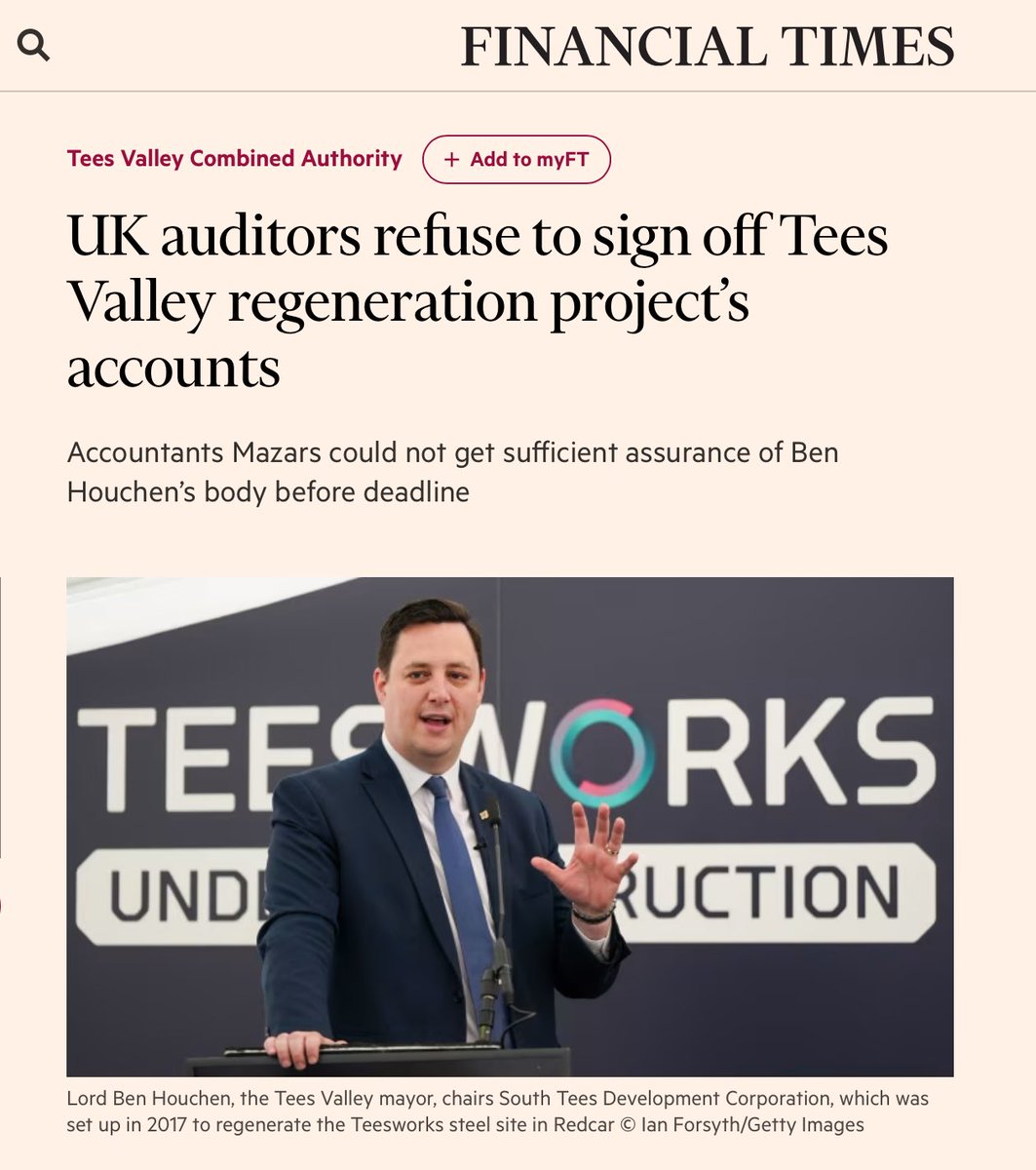 saltburnbysea's tweet image. “Auditors have refused to sign off two years of accounts at Lord Ben Houchen’s Teesside regeneration body, while also pointing to “significant weaknesses” in its value for money arrangements.”

archive.ph/dMo9I