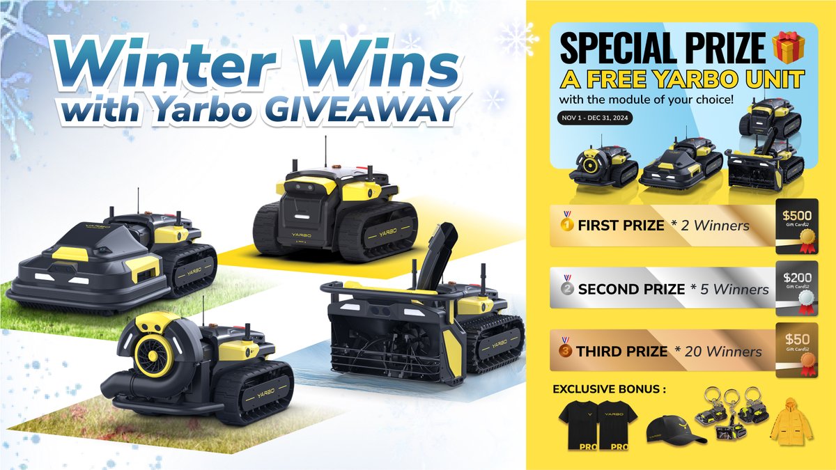 yarboglobal's tweet image. Winter just got a whole lot better with our #WinterWinswithYarbo Giveaway🎁 From now November 1st to December 31st, we're giving away incredible prizes to make your winter more enjoyable, stress-free.

🎁 Special Prize: A FREE Yarbo Unit with the module of your choice
🥇 First…