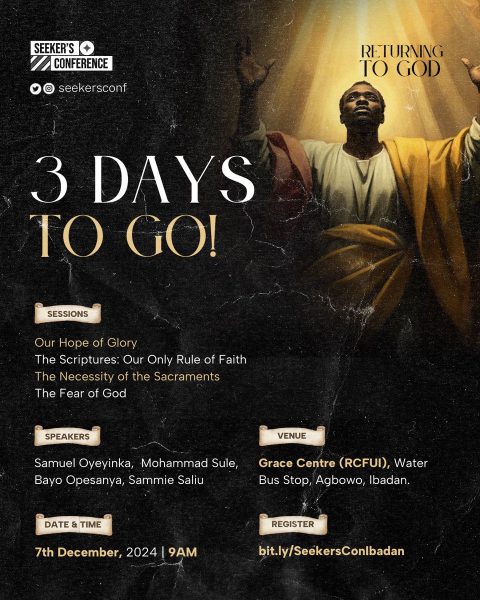 seekersconf's tweet photo. Seekers Conference is in 3 days!
Please click the link below to register now.
https://t.co/TjbA19vUHS

See you in Ibadan! 🔥

#ReturningToGod #SeekersConference https://t.co/fwVp4ycU9y
