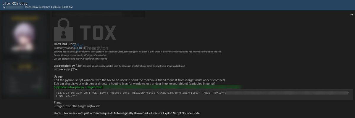 MonThreat's tweet image. 🚨 uTox RCE 0day Sale Allegation 🚨

An alleged RCE 0-day sale targeting the uTox messaging client (version 0.18.1) was detected on a popular dark web forum.

#uTox #RCE #0day #Exploit #ThreatIntelligence