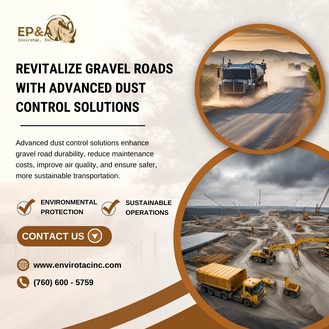 Envirotac's tweet image. Revitalize gravel roads with advanced #dustcontrolsolutions! 🌍 Boost durability, cut costs &amp;amp; protect the environment. 
🌐 envirotacinc.com | 📞 (760) 600-5759
#Sustainability #GravelRoads #DustSuppression #EcoFriendly #RoadMaintenance #CleanAir #ConstructionSolutions