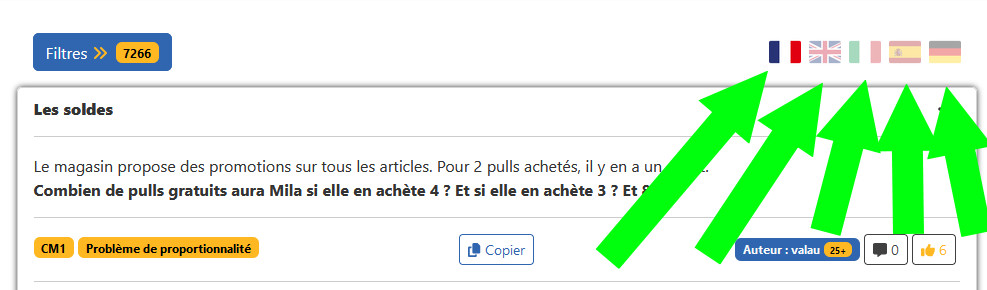 Désormais l'intégralité de nos problèmes sont accessibles :

✅ En anglais
✅ En allemand
✅ En italien
✅ En espagnol

Cliquez sur le petit drapeau de votre choix en mode consultation : appenvie.fr