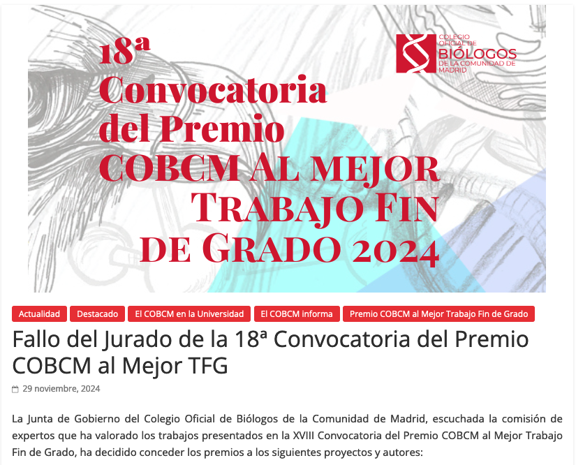 📢El estudiante 👨‍🎓 Pablo Baceiredo que realizó el Trabajo Fin de Grado con Isabel Lastres <a href="/Isalabe13/">I. Lastres-Becker lab 🧫🧬🔬</a> del #IIBmCSICUAM ha conseguido un premio🏆 en la XVIII Convocatoria del Premio COBCM al mejor TFG 2024

Enhorabuena 👏👏👏
Más info: cobcm.net/blog/40617/