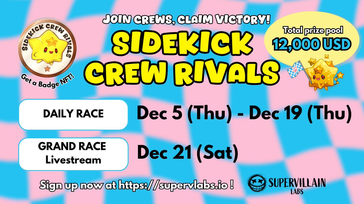 😈The Sidekick Crew Rivals start tomorrow😈
December 5th, 0 a.m. UTC on supervlabs.io

Just be signed up on supervlabs.io and you're good to go!
 
And we'll never ever let you know that you can get a Sidekick Capsule just by joining one of the four Crews!😜