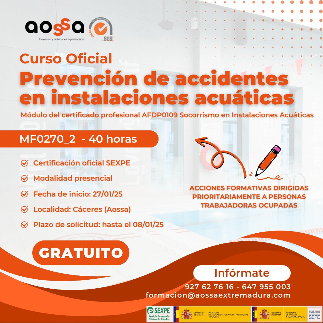 AossaExt's tweet image. 🚨 ¿List@ para dar un paso hacia la seguridad?
 📢Prevención de Accidentes en Instalaciones Acuáticas
✅ Modalidad presencial | 🕒 40 horas|
📅 Inicio: 27/01/2025 . 
📌Plazo de inscripción hasta el 8-ene 
🖊 Inscripciones forms.gle/8Uz5LdvnZxU15a…
💡 ¡No te quedes fuera!
