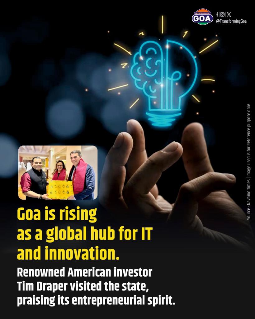 TransformingGoa's tweet image. Goa is rising as a global hub for IT and innovation. Renowned American investor Tim Draper visited the state, praising its entrepreneurial spirit.

#GoaITSector #TimDraper #StartupHouse #GlobalInnovation #GoaEntrepreneurs #MeetTheDrapers #InvestInGoa