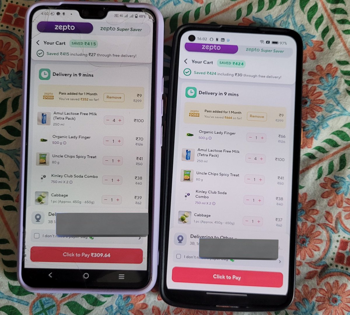mashrujeet's tweet photo. Zepto does have different pricing for different customers.
This is the same cart, same order for exact same address.
#Zepto
Also the cart total doesn't match the mentioned total price.
If they are levying GST, why not mention it upfront? https://t.co/dW7zoKUJGc