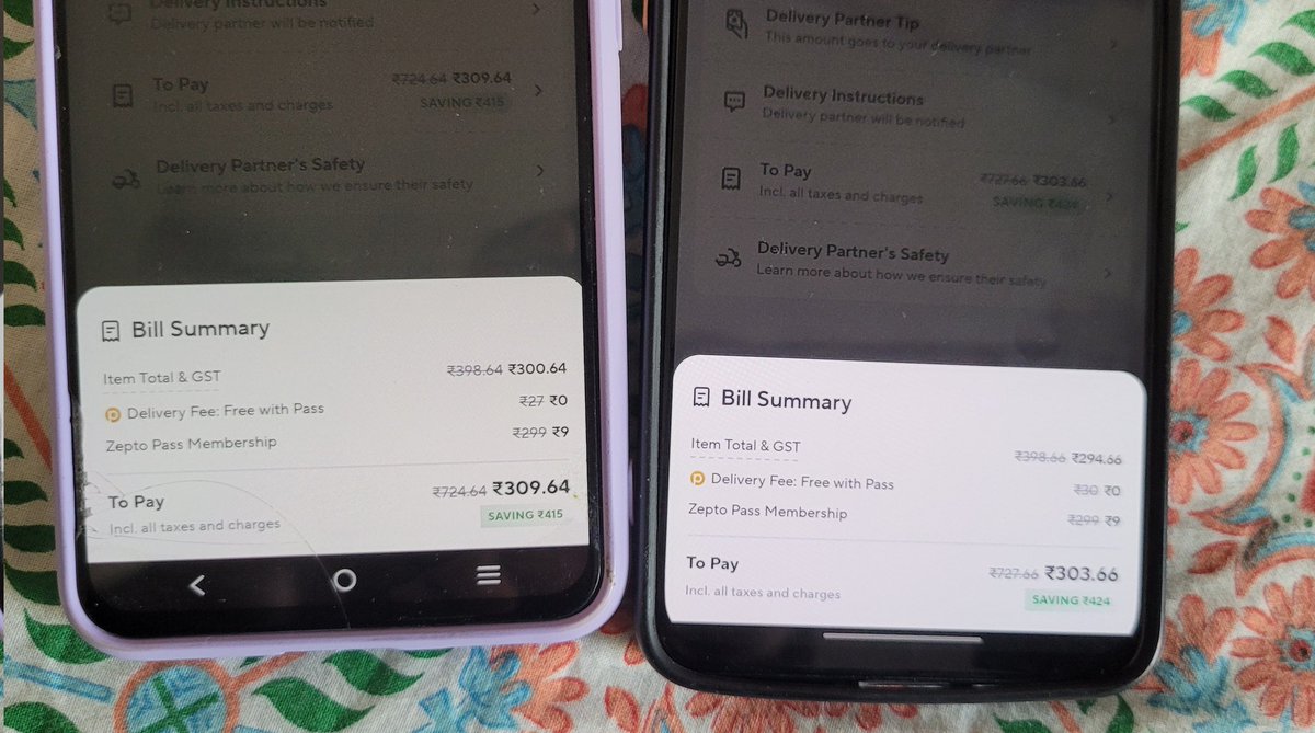 mashrujeet's tweet photo. Zepto does have different pricing for different customers.
This is the same cart, same order for exact same address.
#Zepto
Also the cart total doesn't match the mentioned total price.
If they are levying GST, why not mention it upfront? https://t.co/dW7zoKUJGc