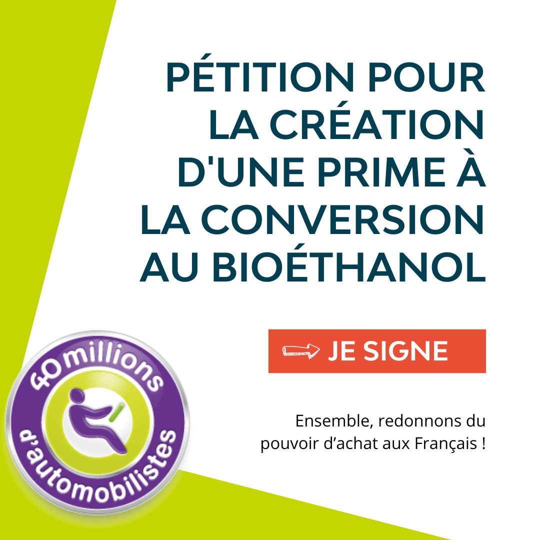 ⚠️Prime à la conversion au bioéthanol ⚠️

<a href="/40MA/">40 millions d'automobilistes</a> lance une pétition dans le but de faire entendre les voix des automobilistes désirant convertir leur véhicule au bioéthanol à moindre coût !

La solution ? Obtenir une aide de l'État afin qu'elle puisse profiter à l'ensemble des
