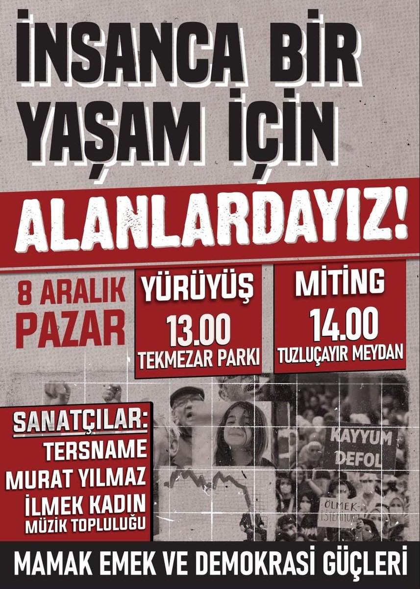 📢 İnsanca Bir Yaşam İçin Alanlardayız!

Ekonomik kriz her geçen gün derinleşiyor, emekçilere üç kuruş reva görülürken, AKP iktidarı lüks ve şatafattan taviz vermiyor. Krizin faturasını biz ödemeyeceğiz!

🗓 8 Aralık Pazar 
📍Tekmezar parkı
⏰️ 13.00

Tüm halkımız davetlidir
