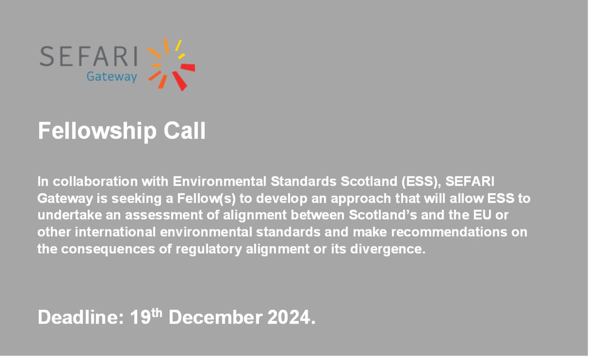 SEFARI Gateway (@sefariscot) on Twitter photo In collaboration with <a href="/EnvStanScot/">Environmental Standards Scotland</a>, we're seeking applications for a new Fellowship on Scotland’s #environmental regulatory alignment with EU and other international environmental standards. Read the full call: sefari.scot/news/funding-c… In collaboration with <a href="/EnvStanScot/">Environmental Standards Scotland</a>, we're seeking applications for a new Fellowship on Scotland’s #environmental regulatory alignment with EU and other international environmental standards. Read the full call: sefari.scot/news/funding-c…