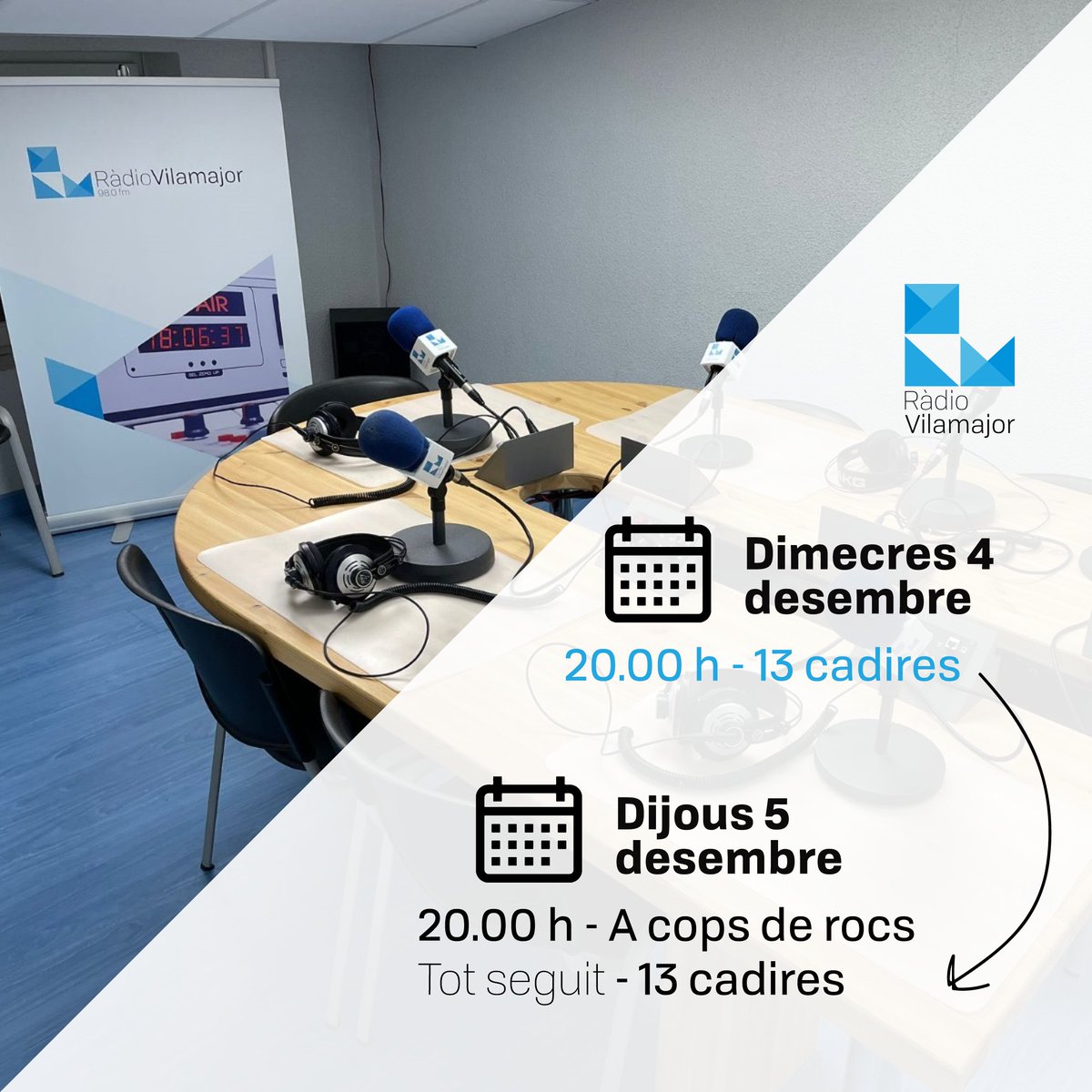 radiovilamajor's tweet photo. ATENCIÓ‼️ Canvi de programació del "13 cadires" previst per avui. S'emetrà demà després de "A cops de rocs".
#Somelquesents https://t.co/lnC0ZK7RHQ
