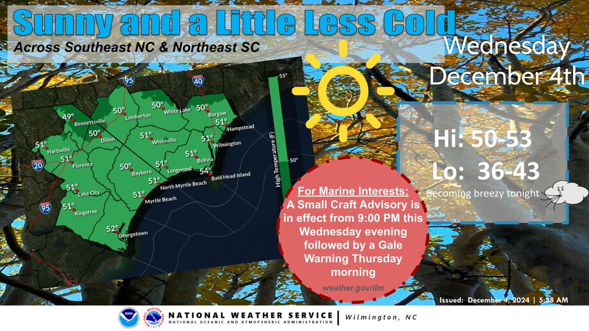 NWSWilmingtonNC's tweet photo. Today will be sunny and several degrees warmer than yesterday, but still well below normal for early December. Gusty winds will pick up out of the southwest later today into tonight. #nwsilm #ilmwx #scwx #ncwx https://t.co/3LZI91rFf9