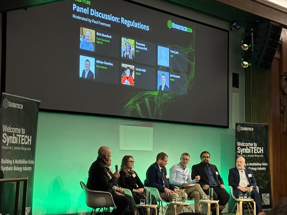 ProfTomEllis's tweet photo. Very thoughtful panel discussion on regulation for Engineering Biology now at #synbiTECH. Lots of enthusiasm for the upcoming regulatory sandboxes that the UK will soon run in focus areas like food tech. https://t.co/rZryWLx1nh