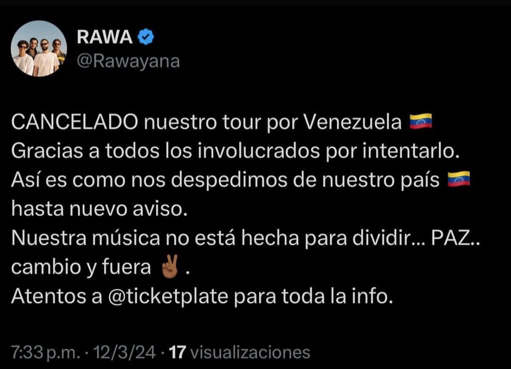 Cancelar el CúsicaFest es otro ejemplo de cómo el chavismo odia a los Venezolanos. Nos separan de nuestras familias y amigos. Nos arrebatan el país y las cosas que nos hacen felices. Nos obligan a irnos y no volver. Nos odian y esta es su venganza.

Les queda poco y lo saben.