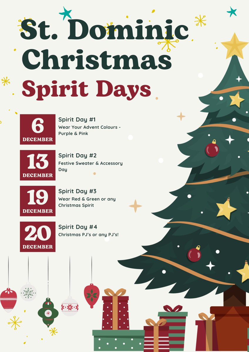 Our St. Dominic students are invited to join in our Christmas Spirit Days for the month of December!